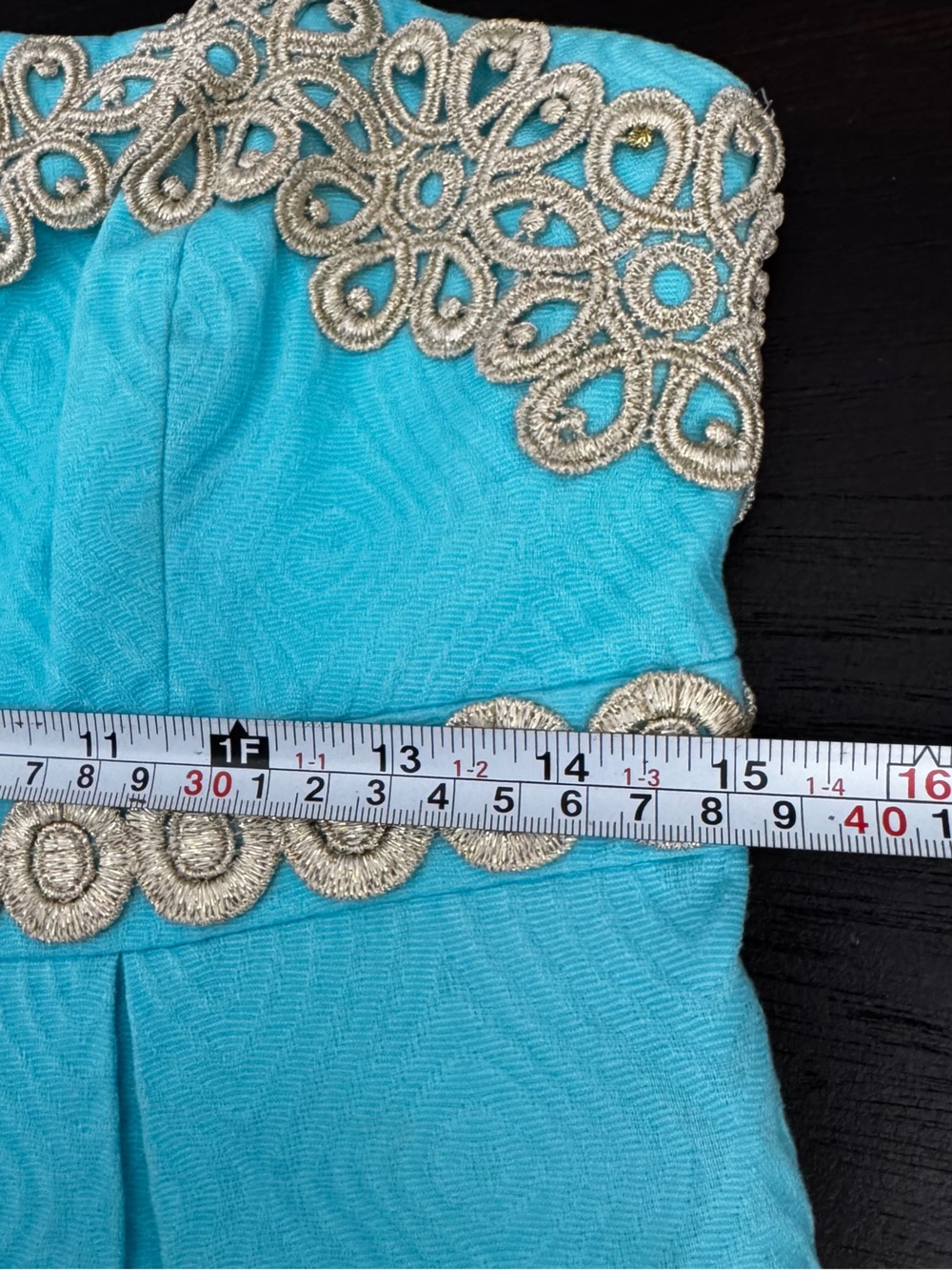 Lilly Pulitzer Betsey Strapless Wave Jacquard Dress Aqua Blue Gold Lace Trim 6 - Picture 10 of 14